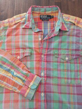 Polo Ralph Lauren Shirt Mens M Multicolor Madras Plaid Military Button Front